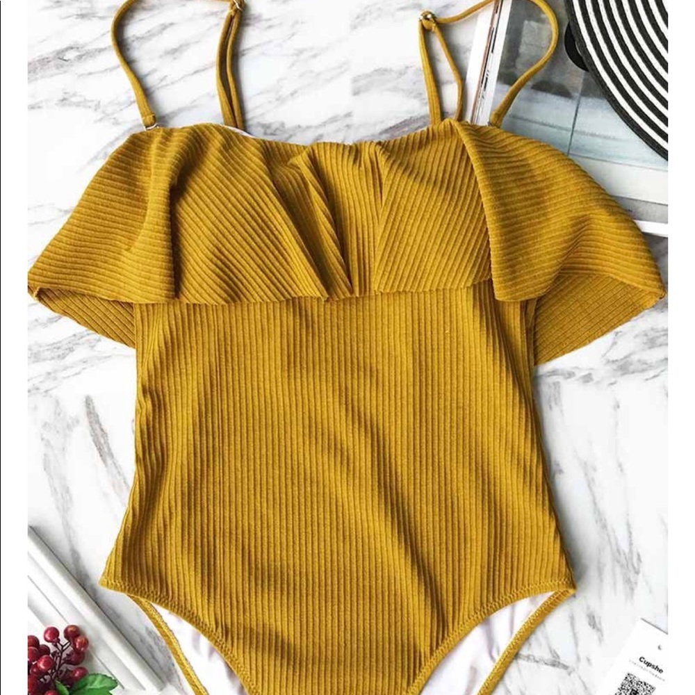 One piece mustard ruffle swim suite